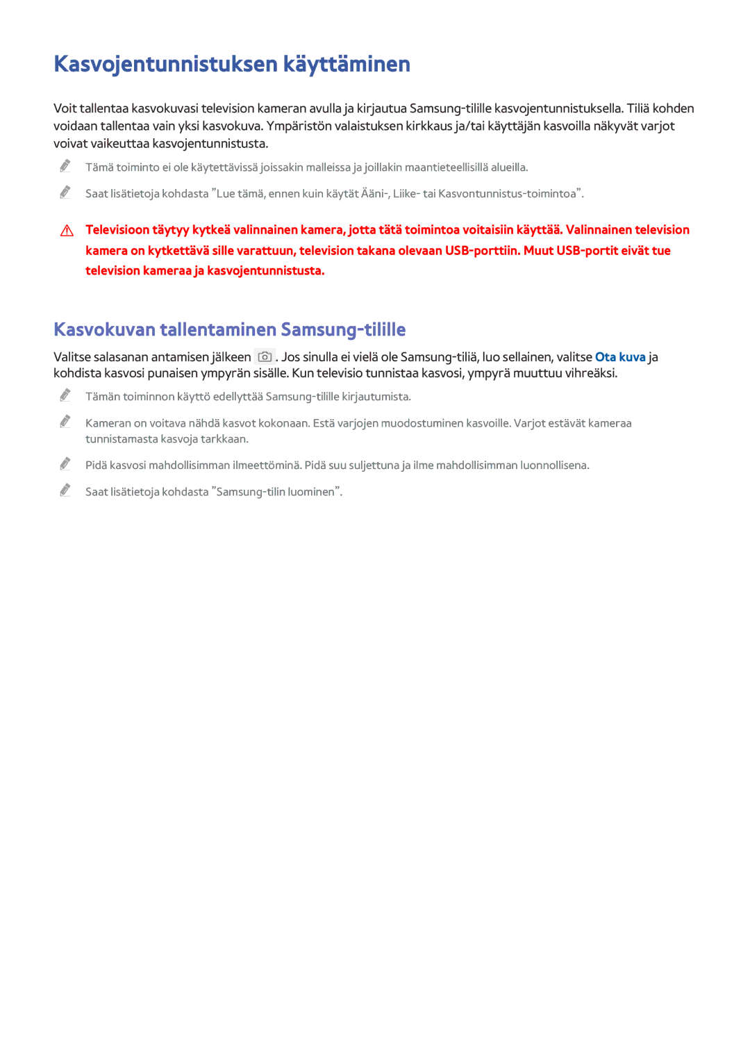 Samsung UE55JU7505TXXE, UE85JU7005TXXE manual Kasvojentunnistuksen käyttäminen, Kasvokuvan tallentaminen Samsung-tilille 