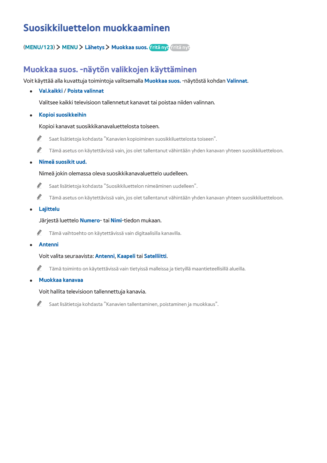 Samsung UE48JU7005TXXE, UE85JU7005TXXE manual Suosikkiluettelon muokkaaminen, Muokkaa suos. -näytön valikkojen käyttäminen 