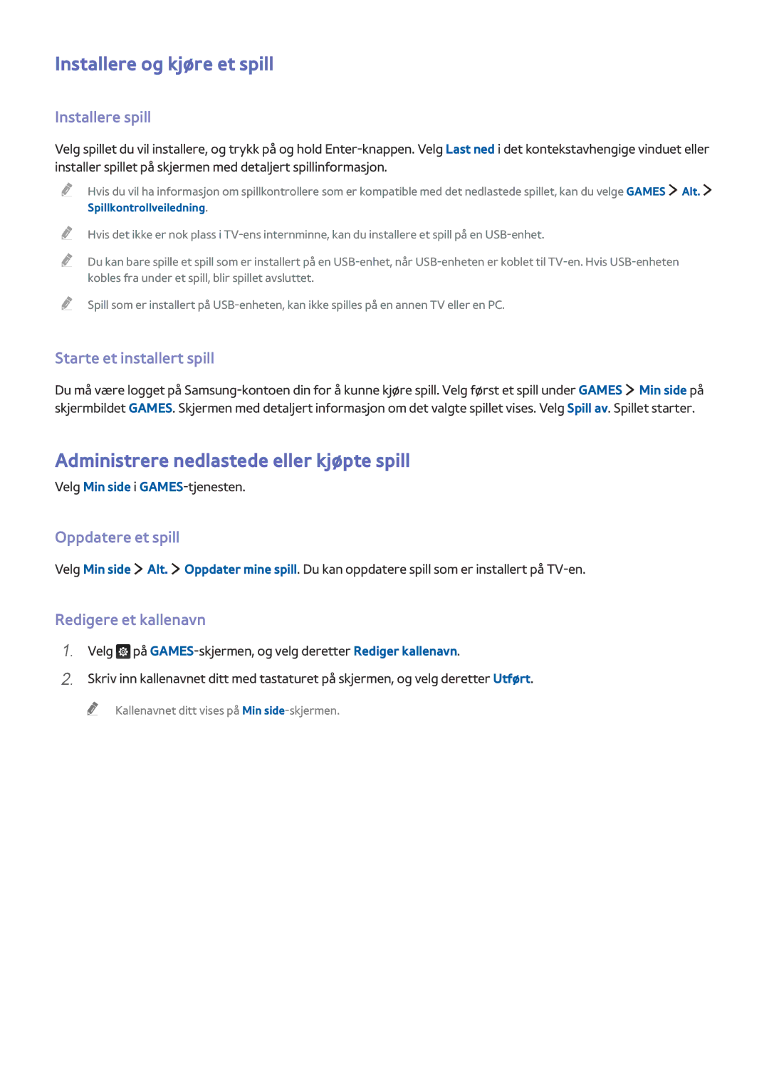 Samsung UE55JU6415UXXE, UE85JU7005TXXE manual Installere og kjøre et spill, Administrere nedlastede eller kjøpte spill 