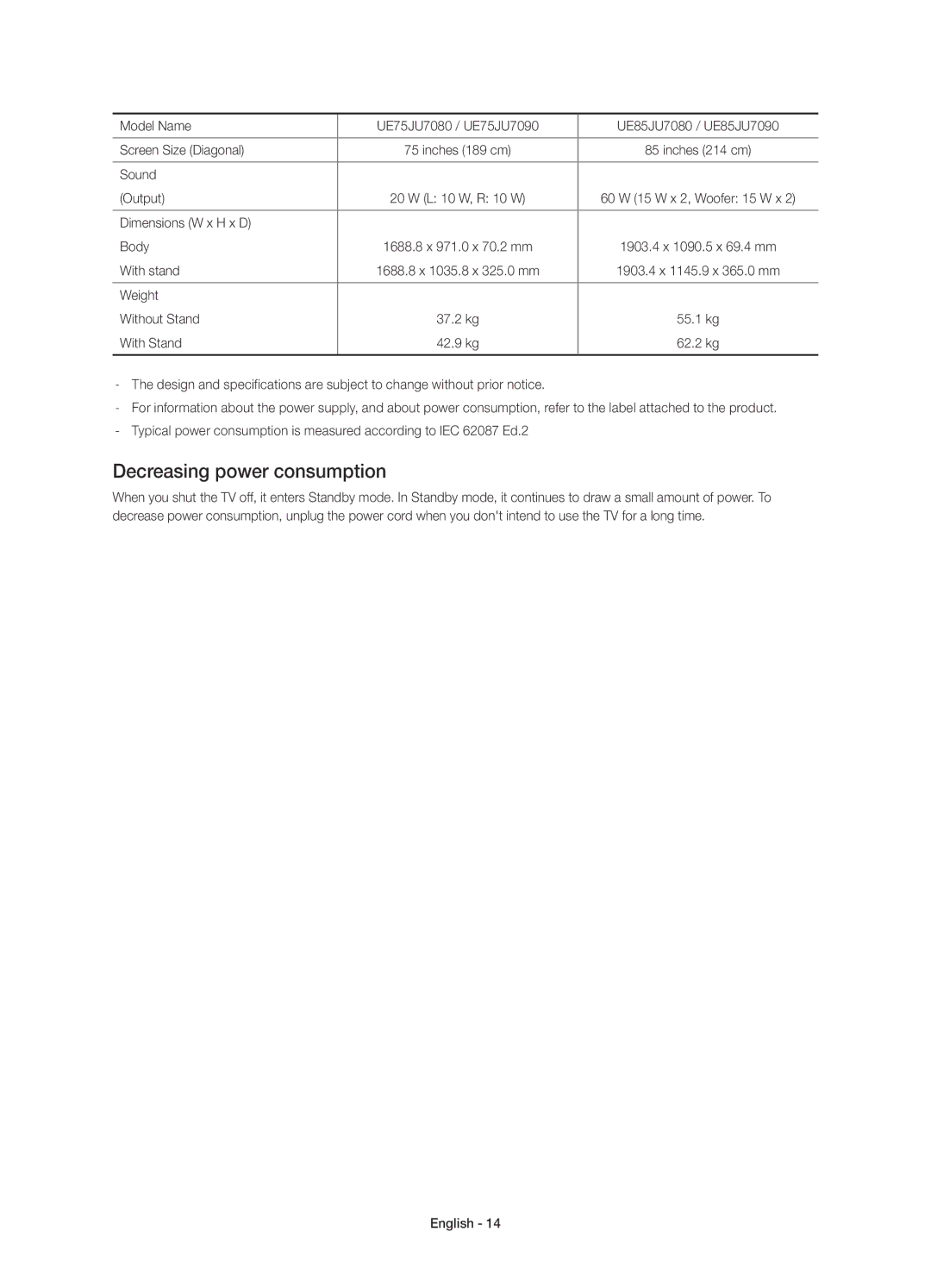 Samsung UE75JU7090TXZG, UE85JU7090TXZG, UE40JU7090TXZG, UE55JU7090TXZG, UE55JU7080TXZG manual Decreasing power consumption 