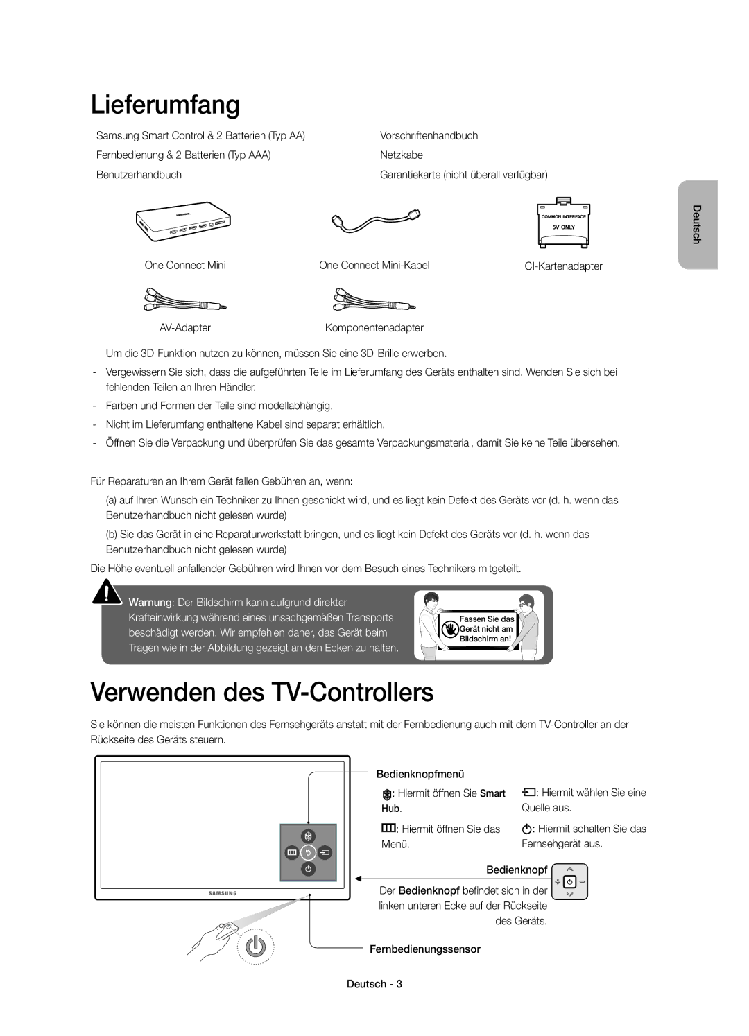 Samsung UE48JU7090TXZG Lieferumfang, Verwenden des TV-Controllers, One Connect Mini One Connect Mini-Kabel, Quelle aus 