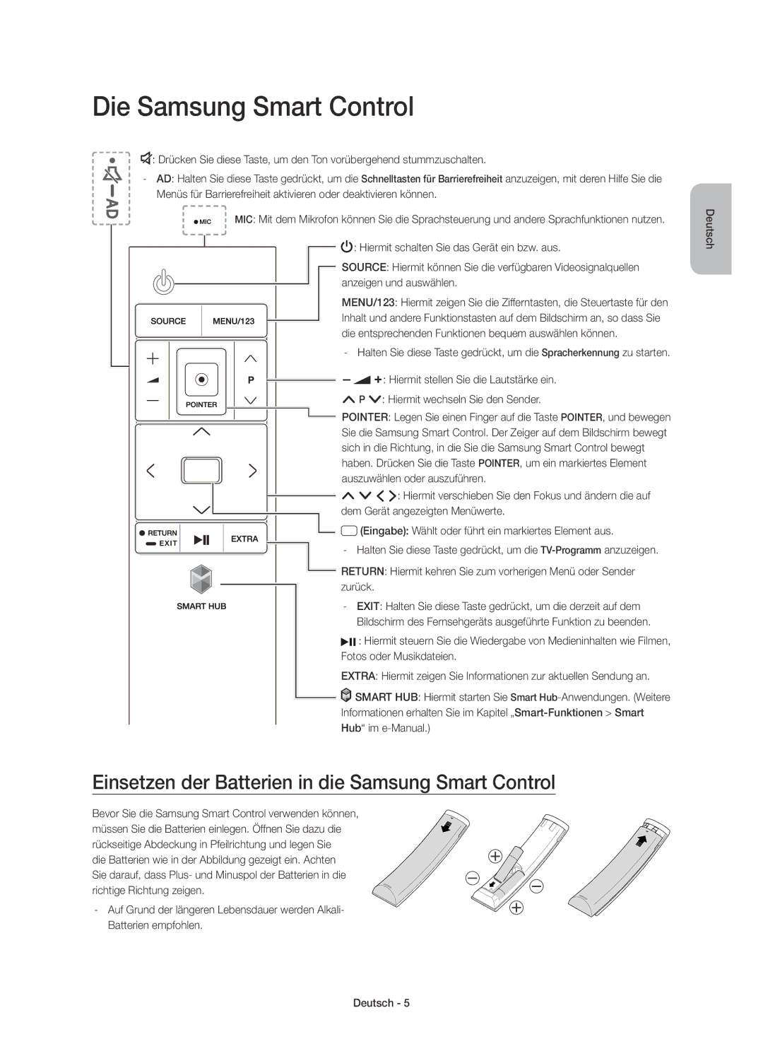 Samsung UE65JU7080TXZG, UE85JU7090TXZG Die Samsung Smart Control, Einsetzen der Batterien in die Samsung Smart Control 