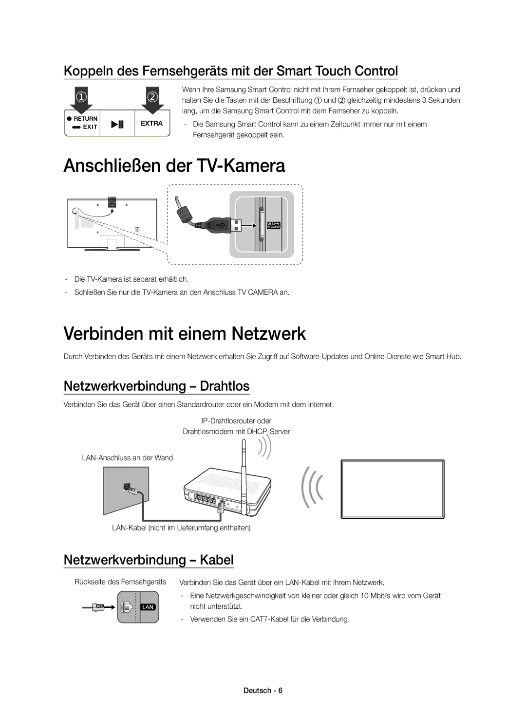 Samsung UE48JU7080TXZG manual Anschließen der TV-Kamera, Verbinden mit einem Netzwerk, Netzwerkverbindung Drahtlos 