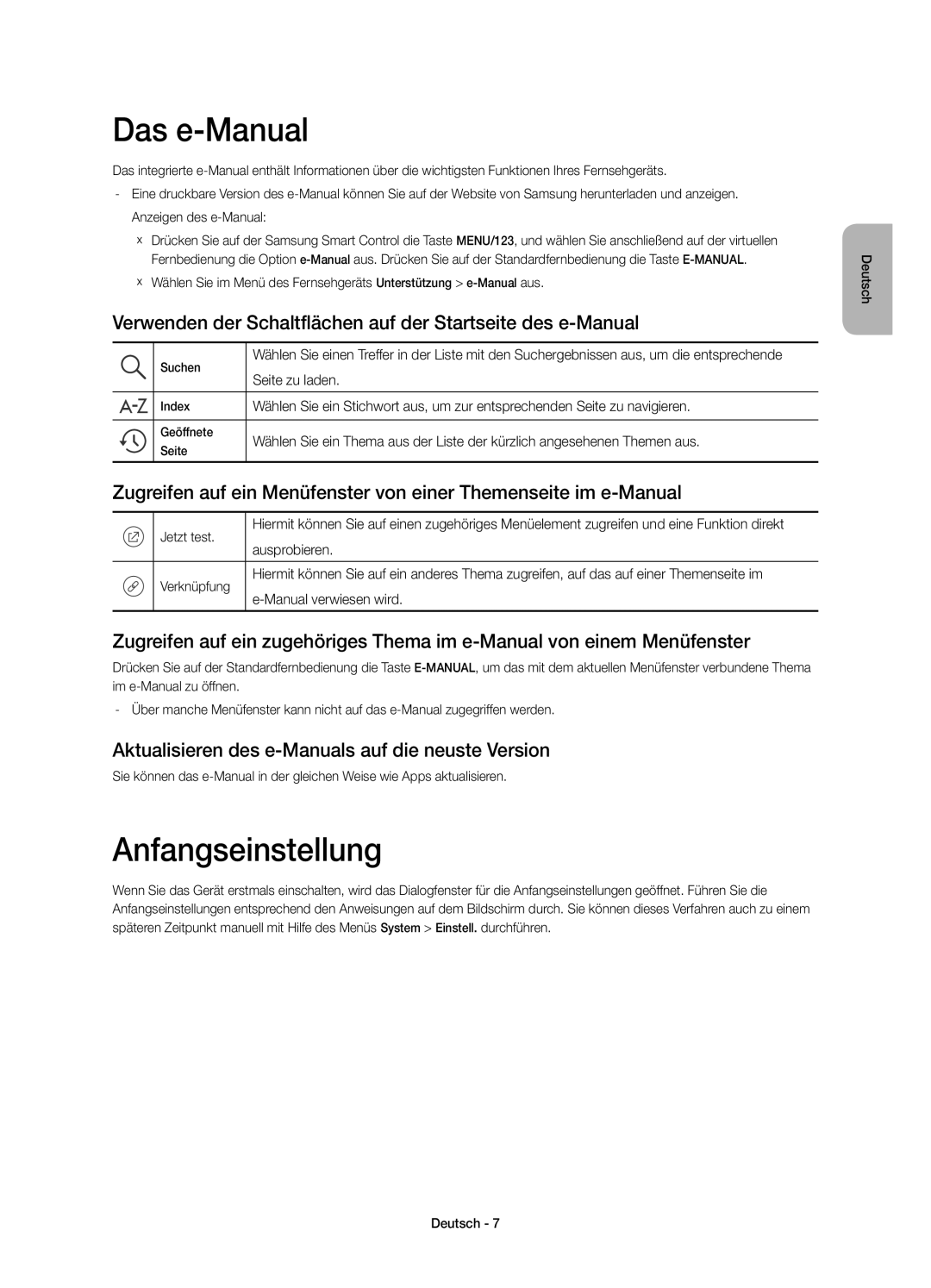 Samsung UE40JU7080TXZG manual Das e-Manual, Anfangseinstellung, Verwenden der Schaltflächen auf der Startseite des e-Manual 