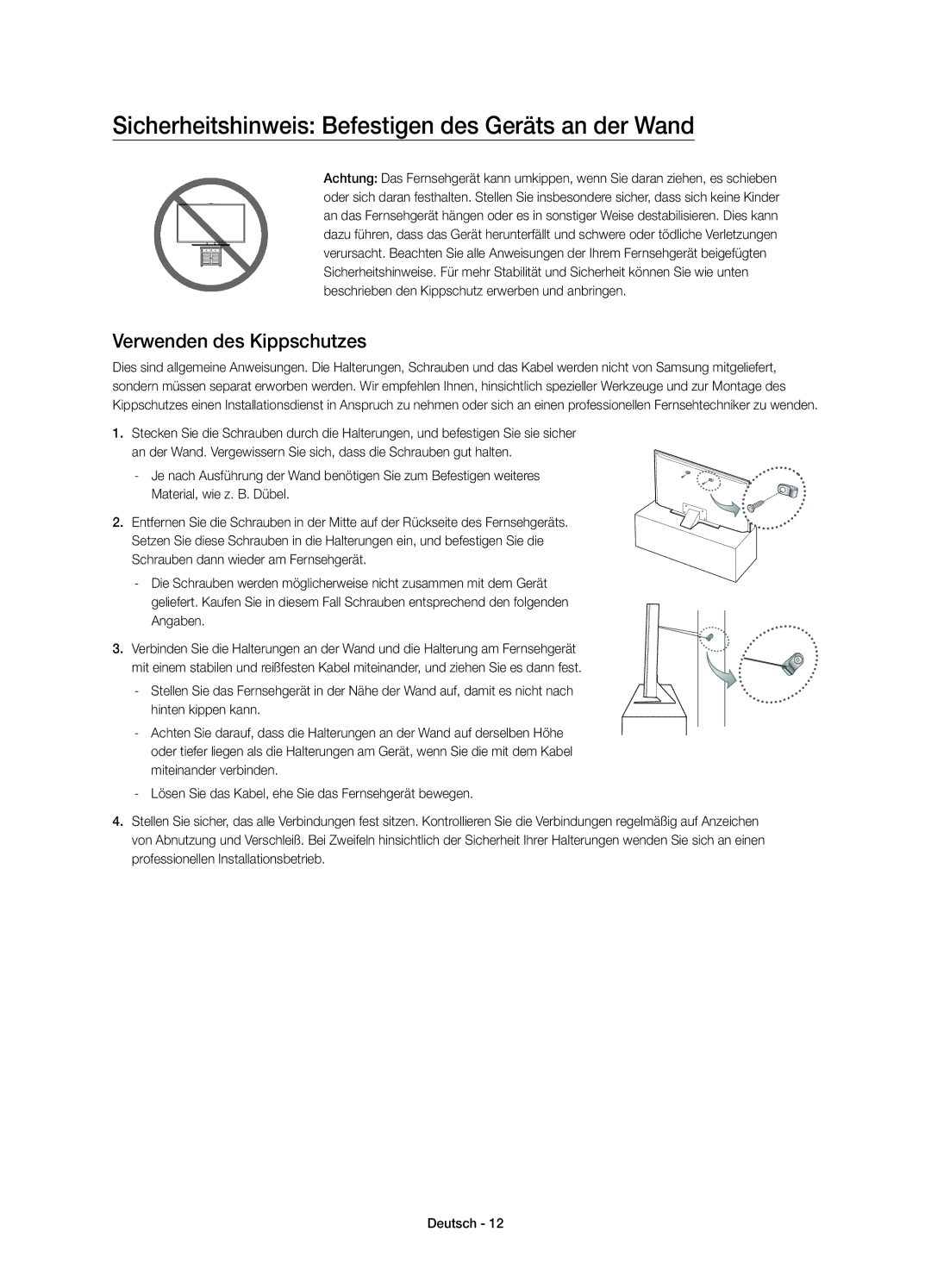 Samsung UE75JU7090TXZG, UE85JU7090TXZG Sicherheitshinweis Befestigen des Geräts an der Wand, Verwenden des Kippschutzes 