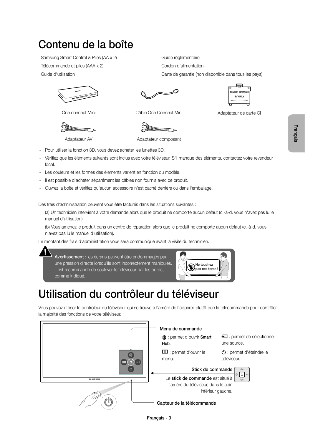 Samsung UE65JU7080TXZG, UE85JU7090TXZG manual Contenu de la boîte, Utilisation du contrôleur du téléviseur, Une source 