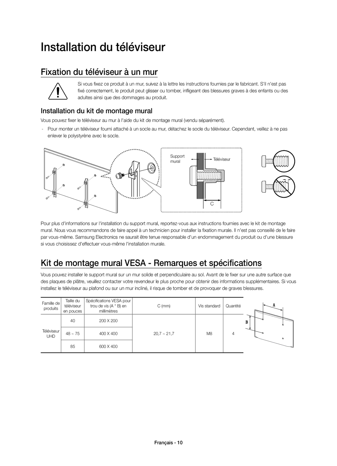Samsung UE75JU7090TXZG Installation du téléviseur, Fixation du téléviseur à un mur, Installation du kit de montage mural 