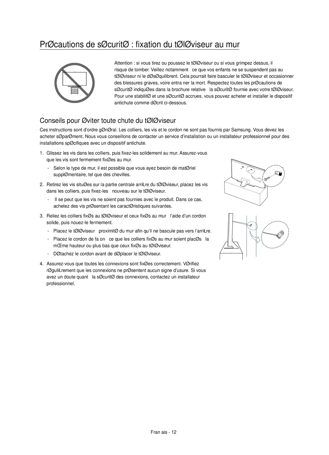 Samsung UE55JU7080TXZG, UE85JU7090TXZG, UE40JU7090TXZG, UE75JU7090TXZG Précautions de sécurité fixation du téléviseur au mur 