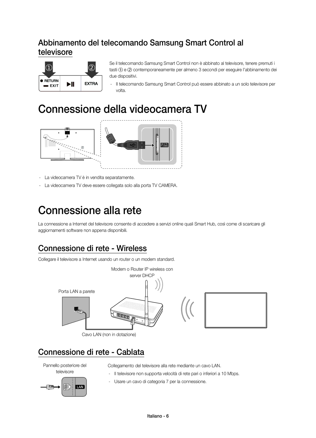 Samsung UE85JU7090TXZG manual Connessione della videocamera TV, Connessione alla rete, Connessione di rete Wireless 