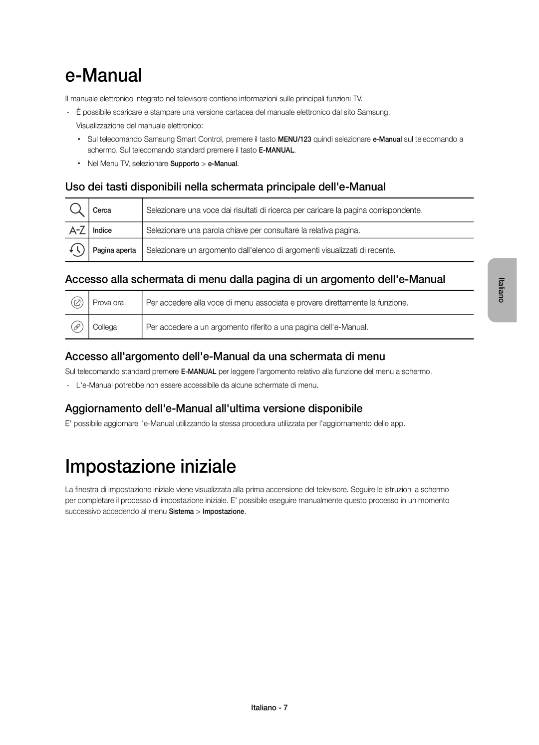 Samsung UE40JU7090TXZG, UE85JU7090TXZG Impostazione iniziale, Accesso allargomento delle-Manual da una schermata di menu 