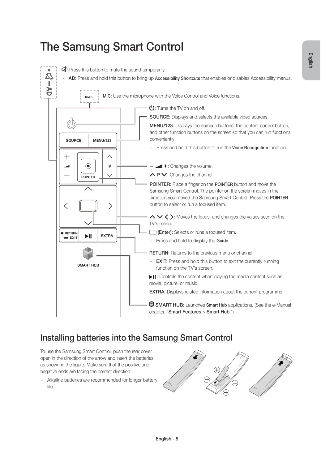 Samsung UE48JU7090TXZG, UE85JU7090TXZG, UE40JU7090TXZG manual Installing batteries into the Samsung Smart Control 