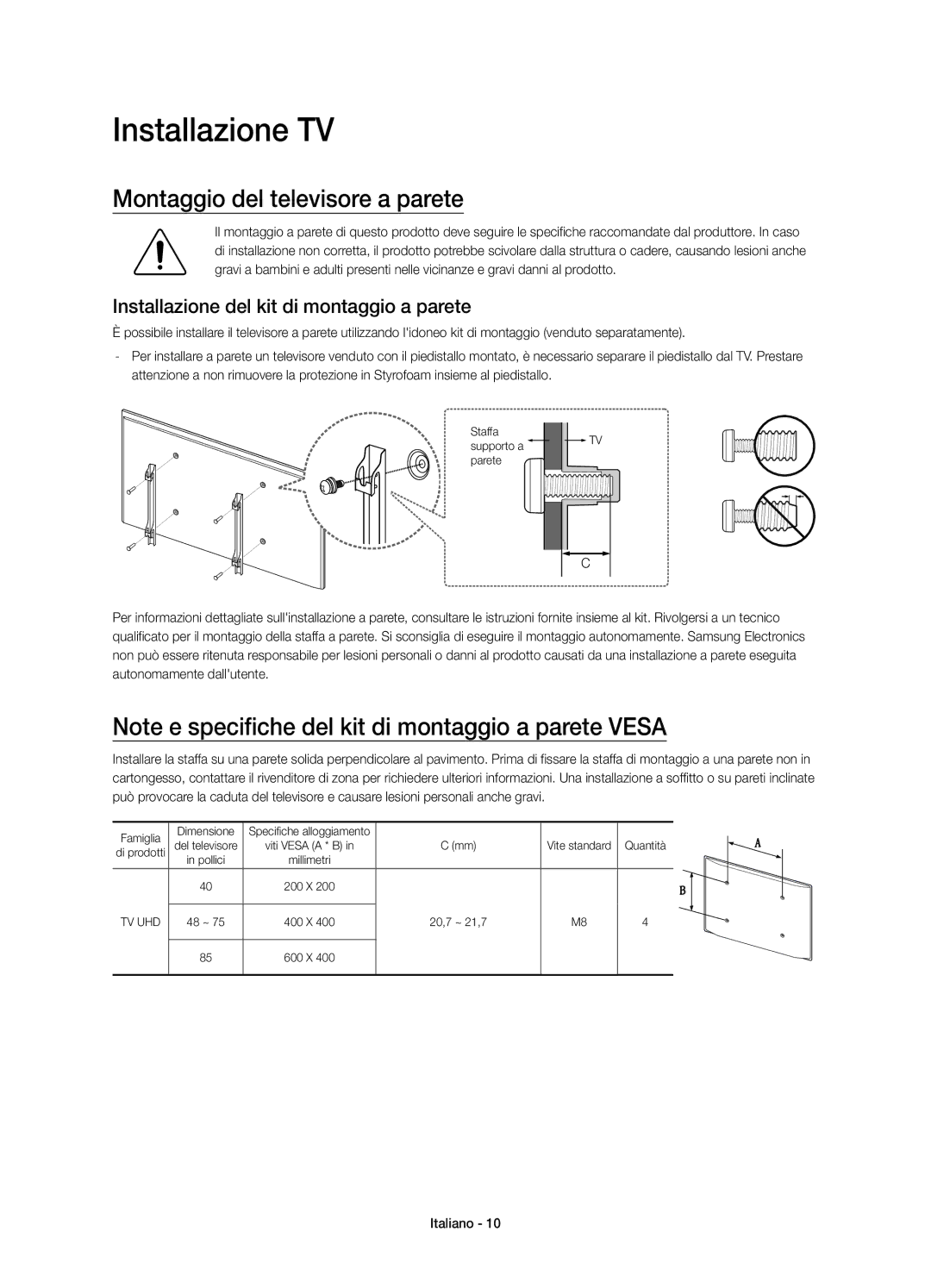 Samsung UE55JU7080TXZG Installazione TV, Montaggio del televisore a parete, Installazione del kit di montaggio a parete 