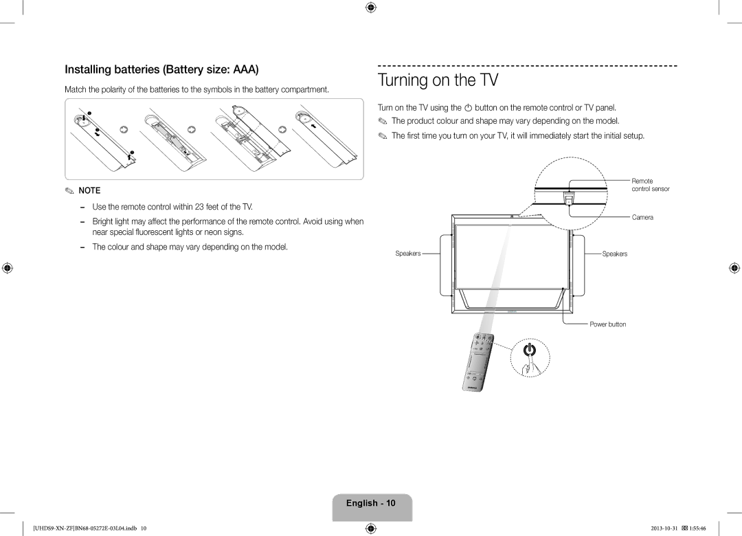 Samsung UE85S9SLXZF manual Turning on the TV, Installing batteries Battery size AAA, Camera Speakers, Power button 