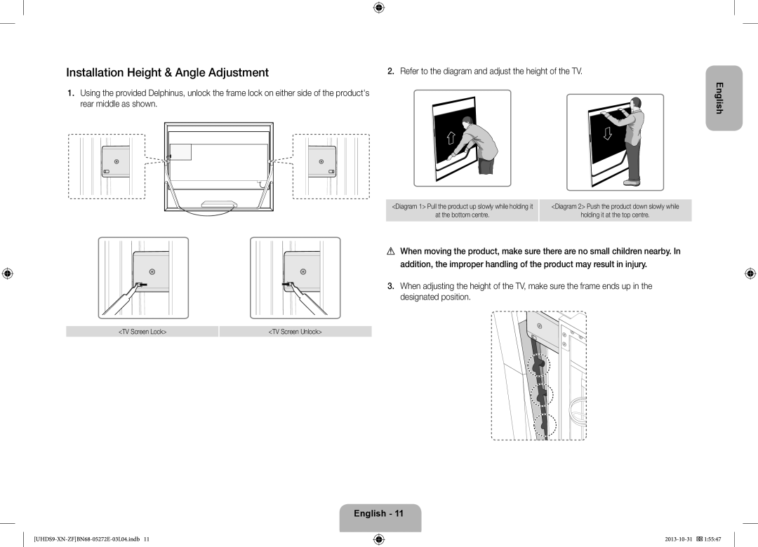 Samsung UE85S9SLXZF manual Installation Height & Angle Adjustment, Refer to the diagram and adjust the height of the TV 