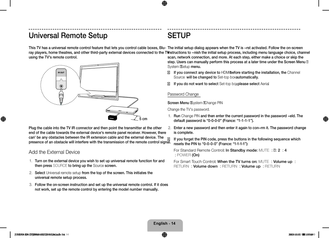 Samsung UE85S9SLXZF manual Universal Remote Setup, Add the External Device, Password Change 