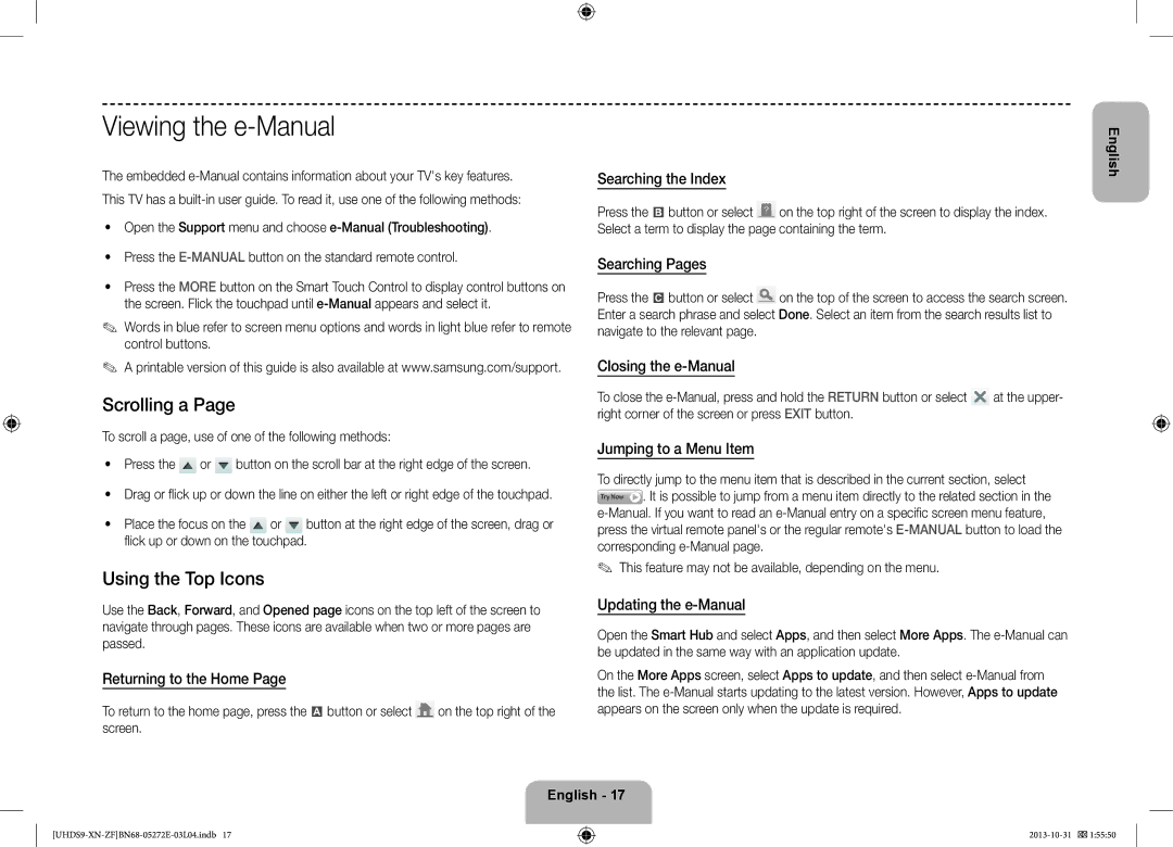 Samsung UE85S9SLXZF manual Viewing the e-Manual, Scrolling a, Using the Top Icons 