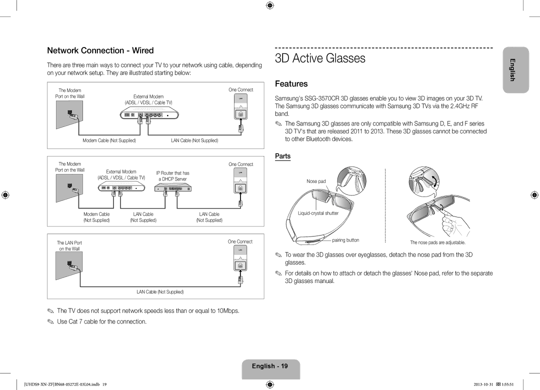 Samsung UE85S9SLXZF Network Connection Wired, Features, On your network setup. They are illustrated starting below, Parts 