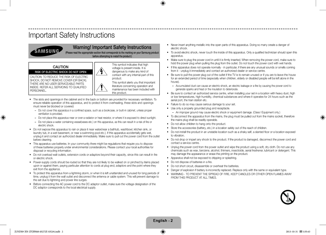 Samsung UE85S9SLXZF manual Important Safety Instructions, Electric shock, Apparatus, House 