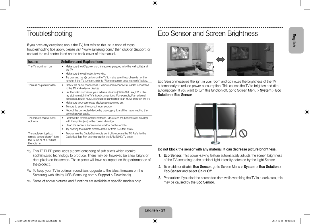 Samsung UE85S9SLXZF manual Troubleshooting, Eco Sensor and Screen Brightness, Issues Solutions and Explanations 