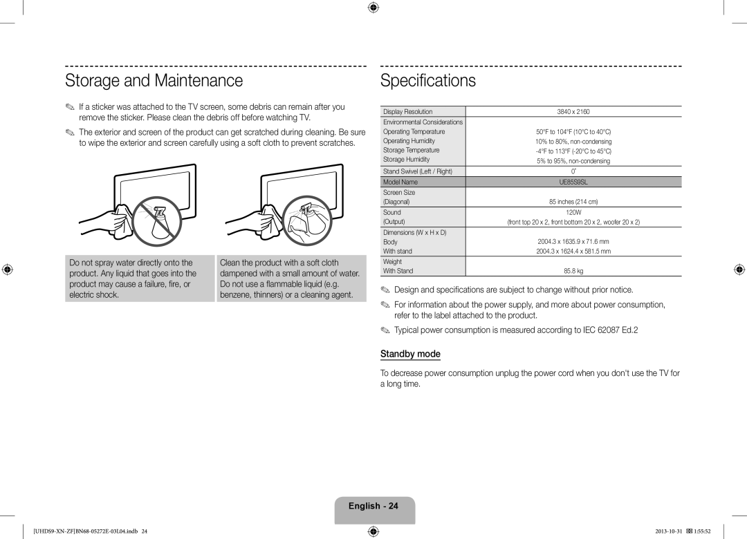 Samsung UE85S9SLXZF manual Storage and Maintenance, Specifications, Standby mode, Product may cause a failure, fire, or 