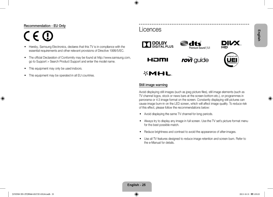 Samsung UE85S9SLXZF manual Licences, Still image warning 