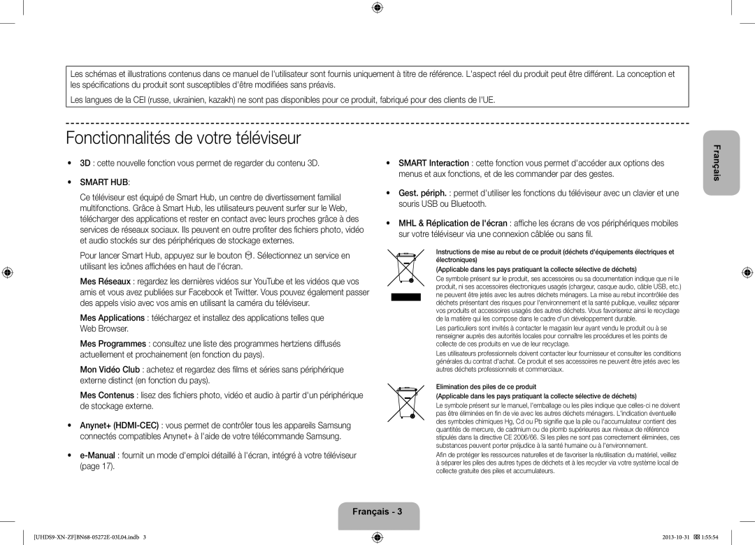 Samsung UE85S9SLXZF manual Fonctionnalités de votre téléviseur 