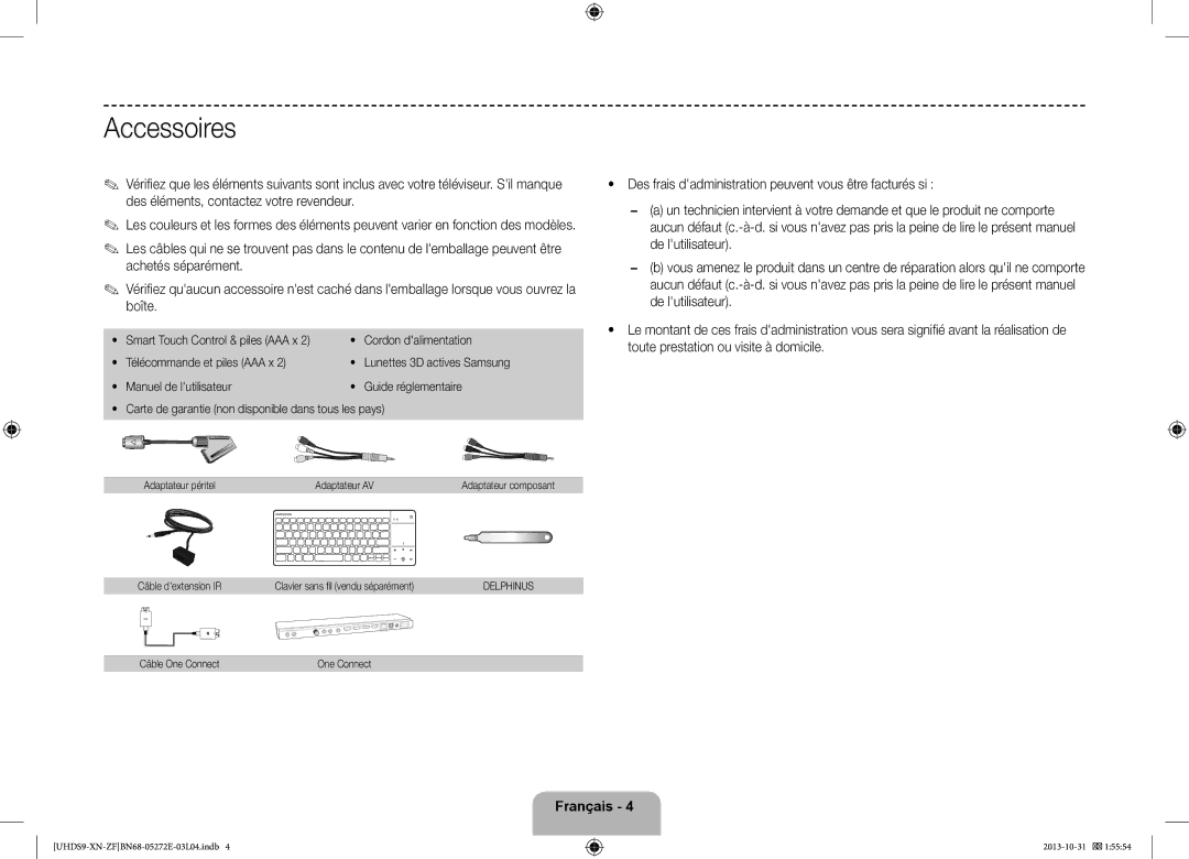 Samsung UE85S9SLXZF manual Accessoires, Lunettes 3D actives Samsung, Adaptateur péritel Adaptateur AV 