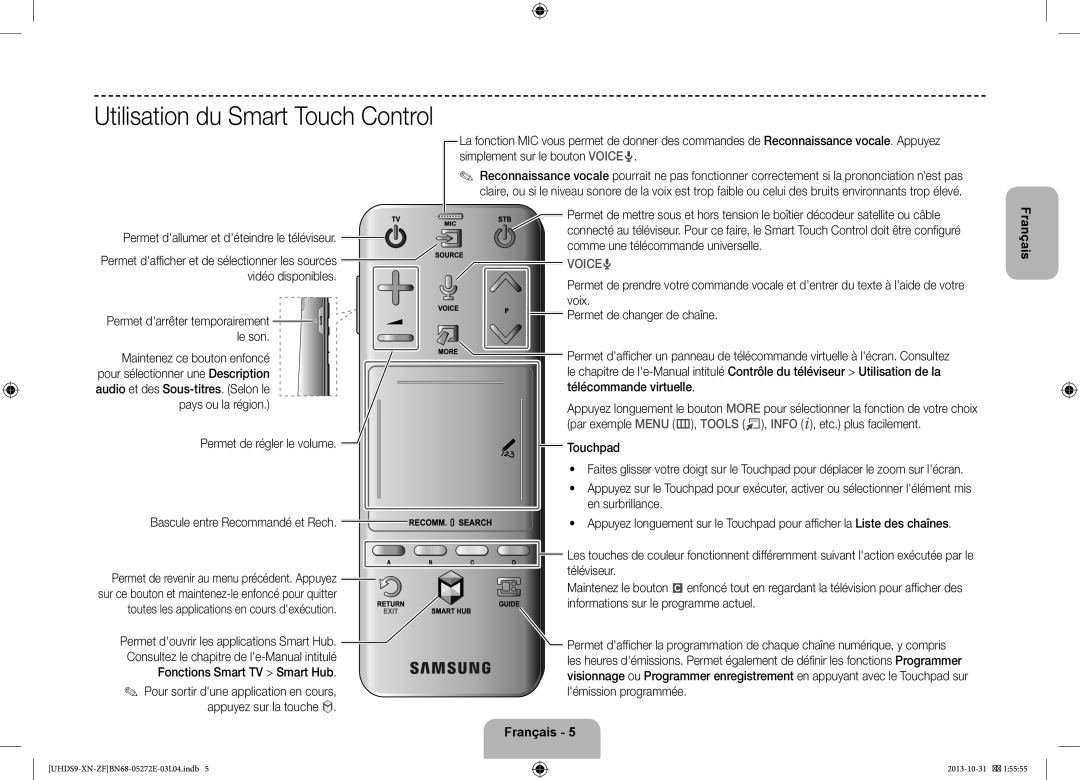 Samsung UE85S9SLXZF manual Utilisation du Smart Touch Control 