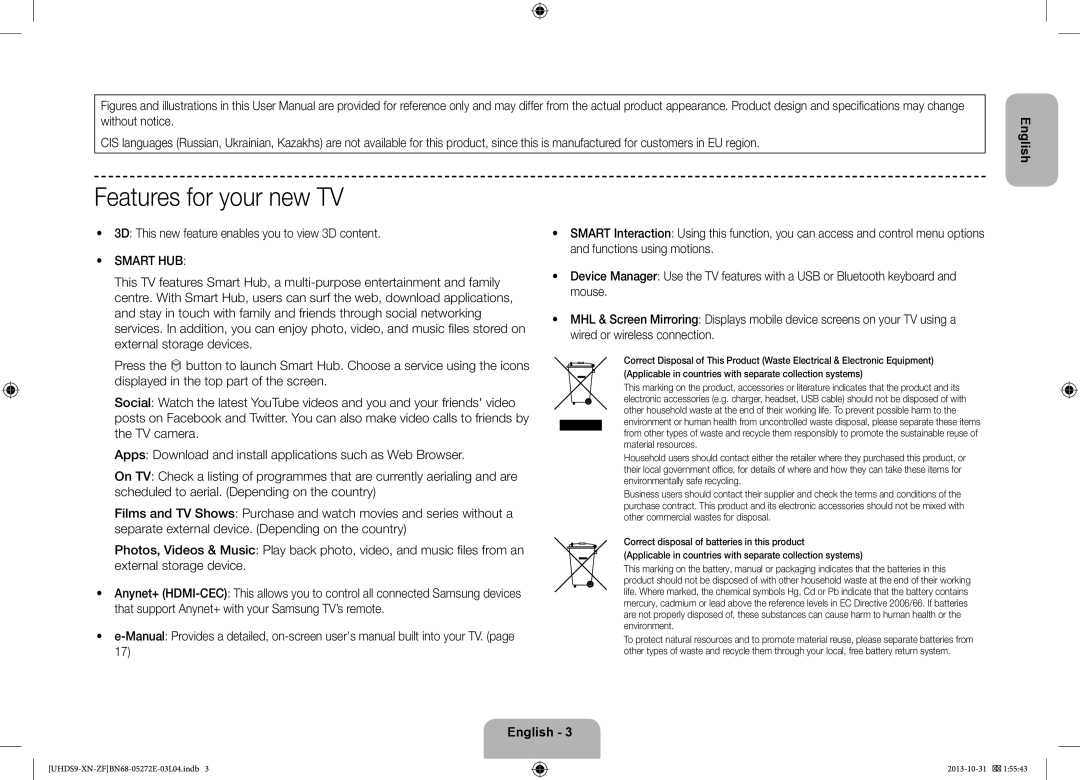 Samsung UE85S9SLXZF manual Features for your new TV, 3D This new feature enables you to view 3D content 