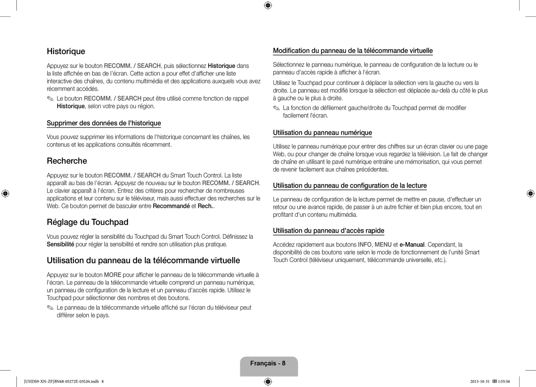 Samsung UE85S9SLXZF manual Historique, Recherche, Réglage du Touchpad, Utilisation du panneau de la télécommande virtuelle 