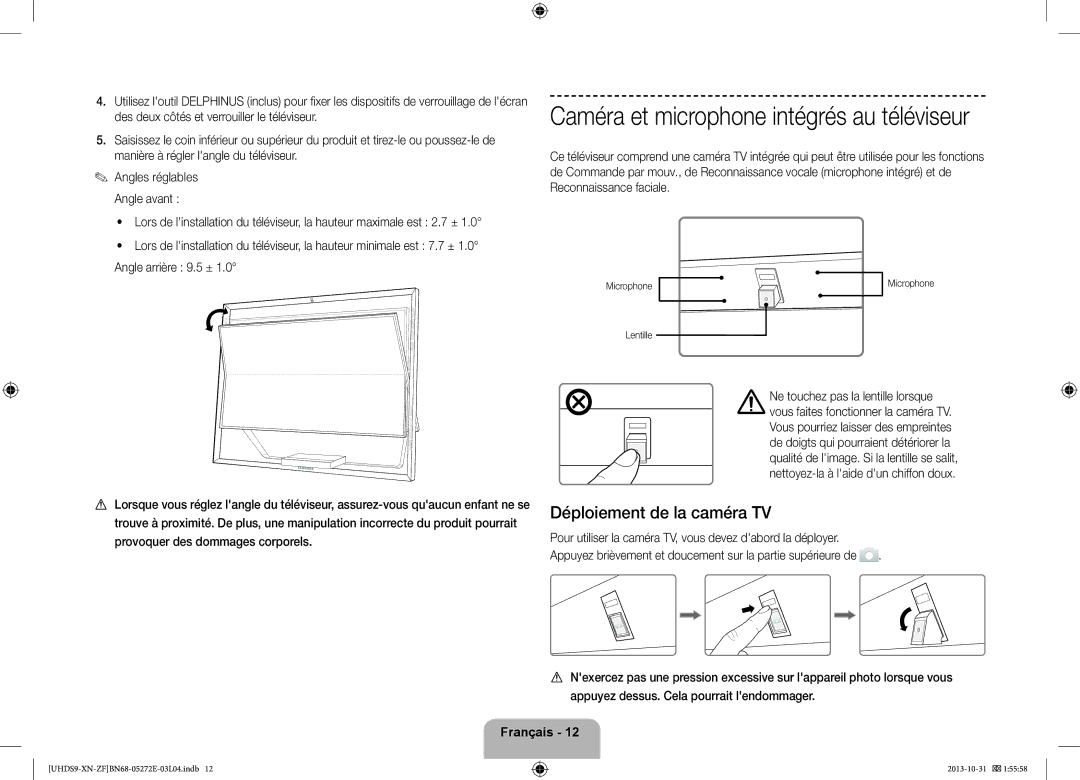 Samsung UE85S9SLXZF manual Caméra et microphone intégrés au téléviseur, Déploiement de la caméra TV 