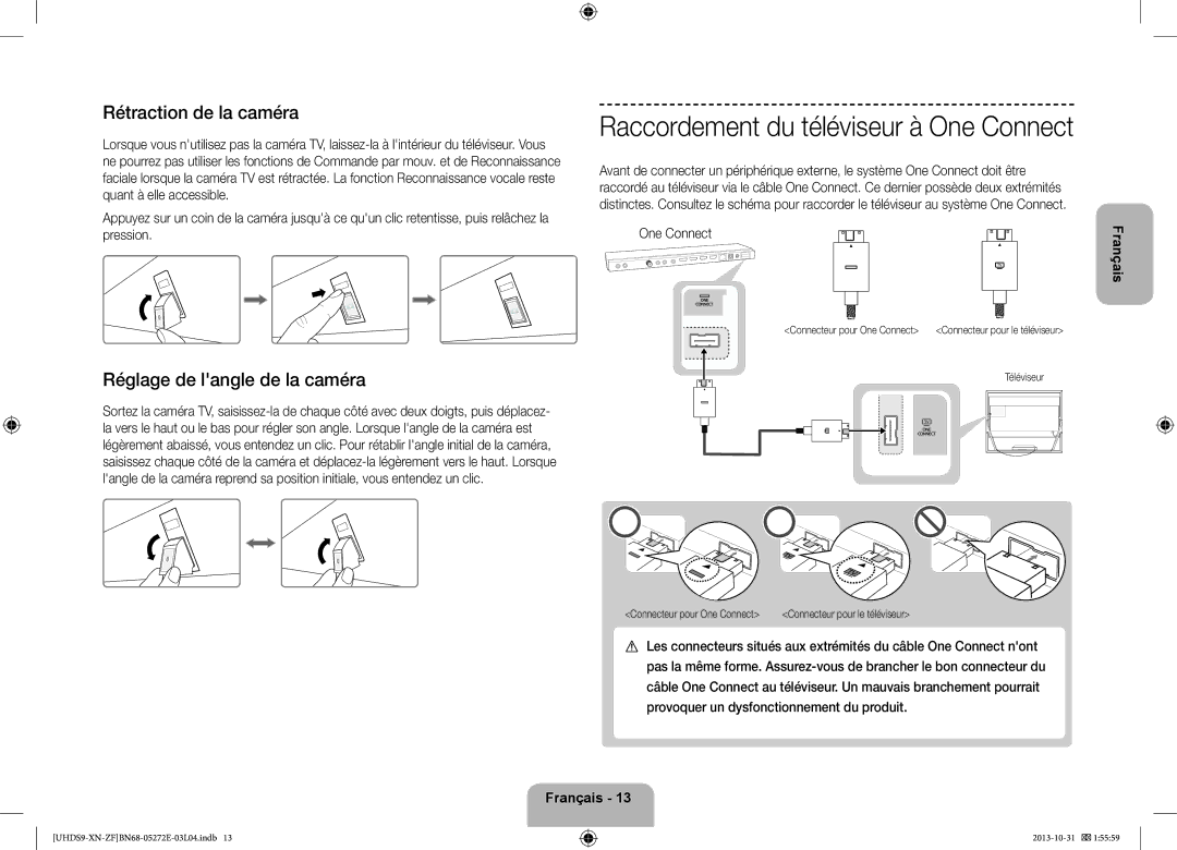 Samsung UE85S9SLXZF manual Rétraction de la caméra, Réglage de langle de la caméra, One Connect, Téléviseur 