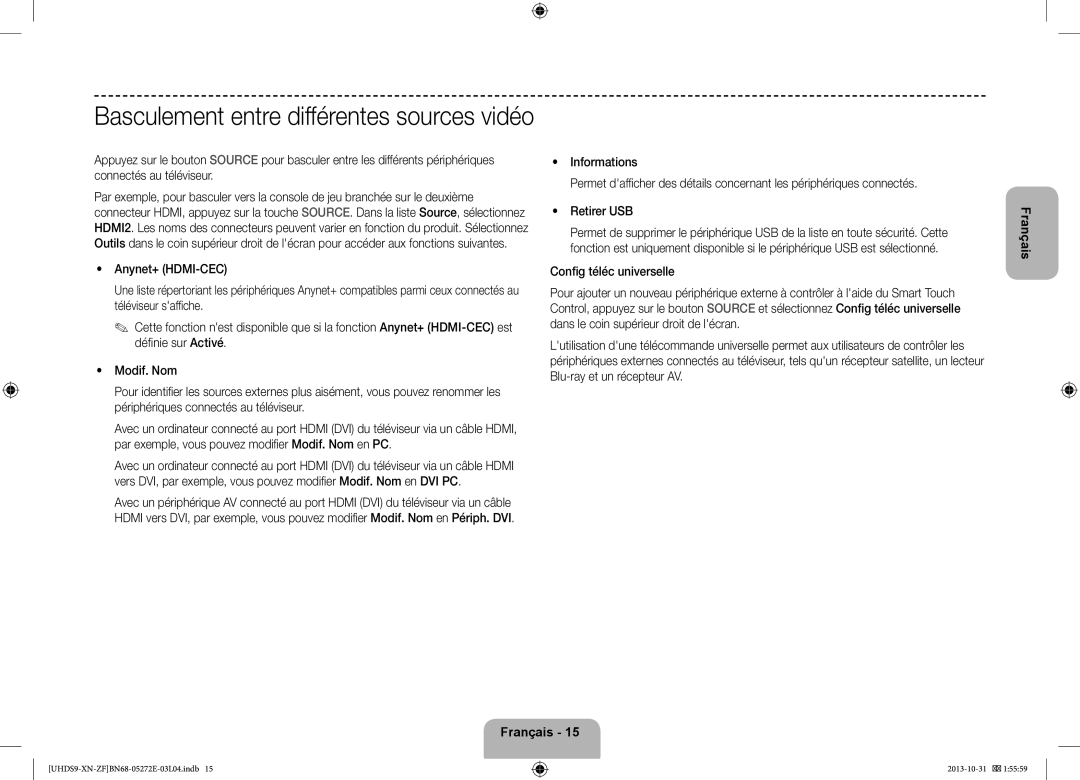 Samsung UE85S9SLXZF manual Basculement entre différentes sources vidéo 