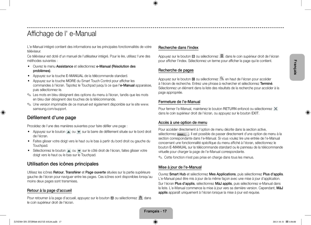 Samsung UE85S9SLXZF manual Affichage de l e-Manual, Défilement dune, Utilisation des icônes principales 