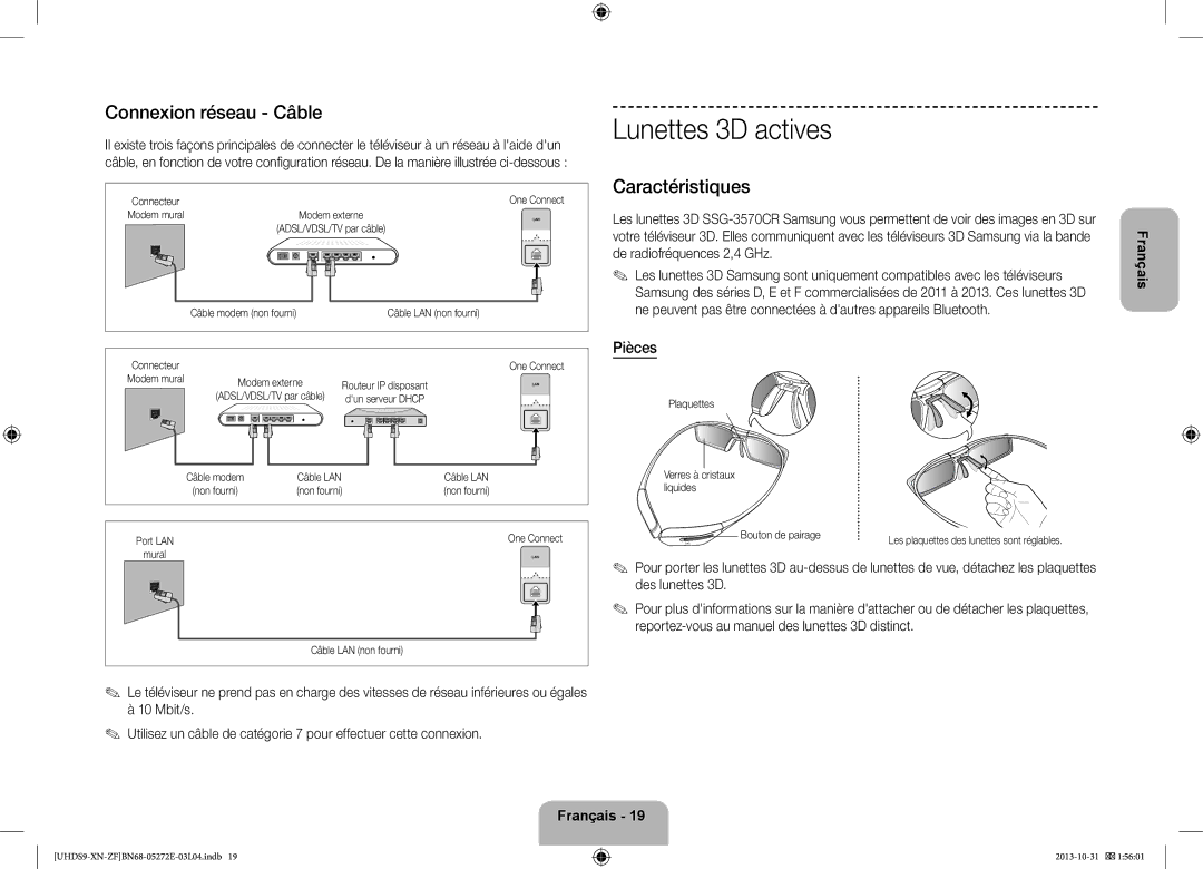 Samsung UE85S9SLXZF manual Lunettes 3D actives, Connexion réseau Câble, Caractéristiques, Pièces 