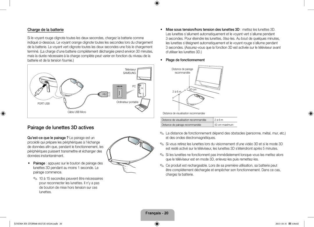 Samsung UE85S9SLXZF manual Pairage de lunettes 3D actives, Charge de la batterie 