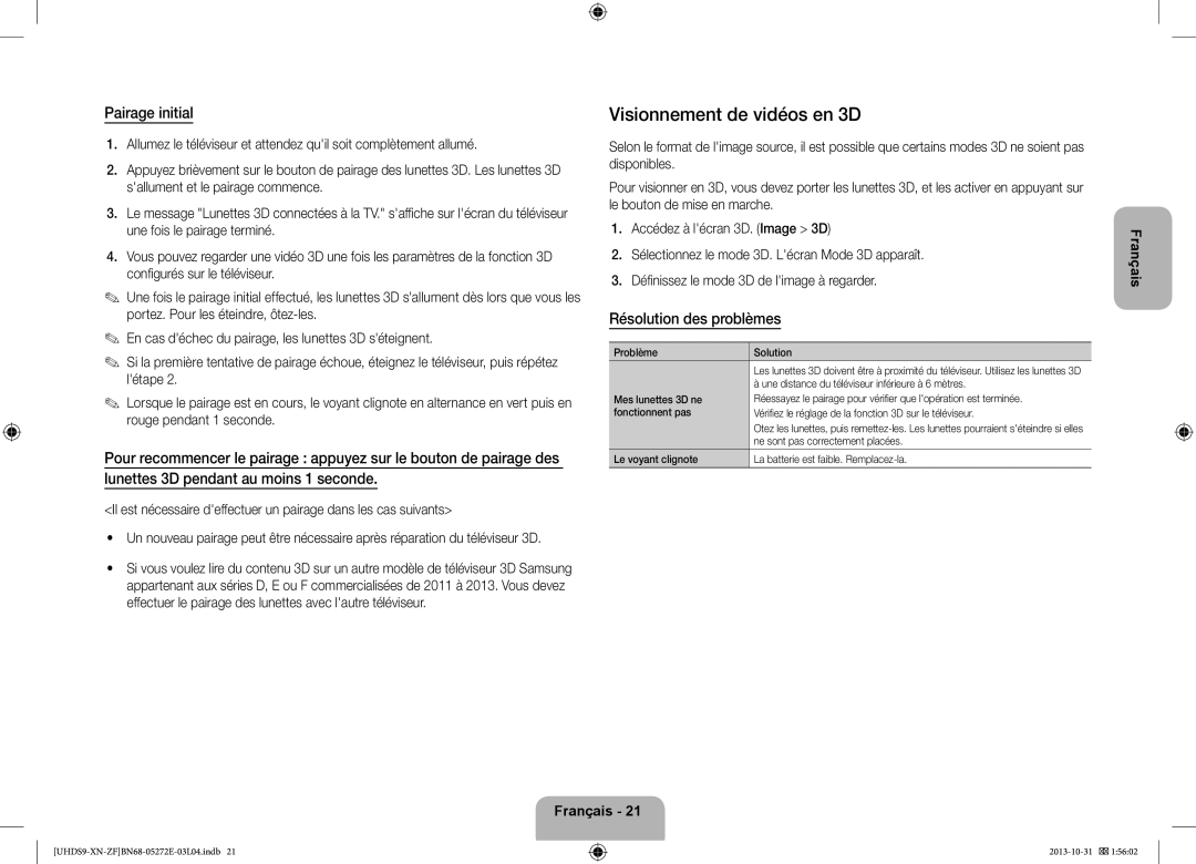 Samsung UE85S9SLXZF manual Visionnement de vidéos en 3D, Pairage initial, Résolution des problèmes 