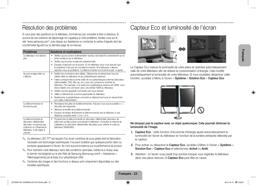 Samsung UE85S9SLXZF manual Résolution des problèmes, Problèmes Solutions et explications 