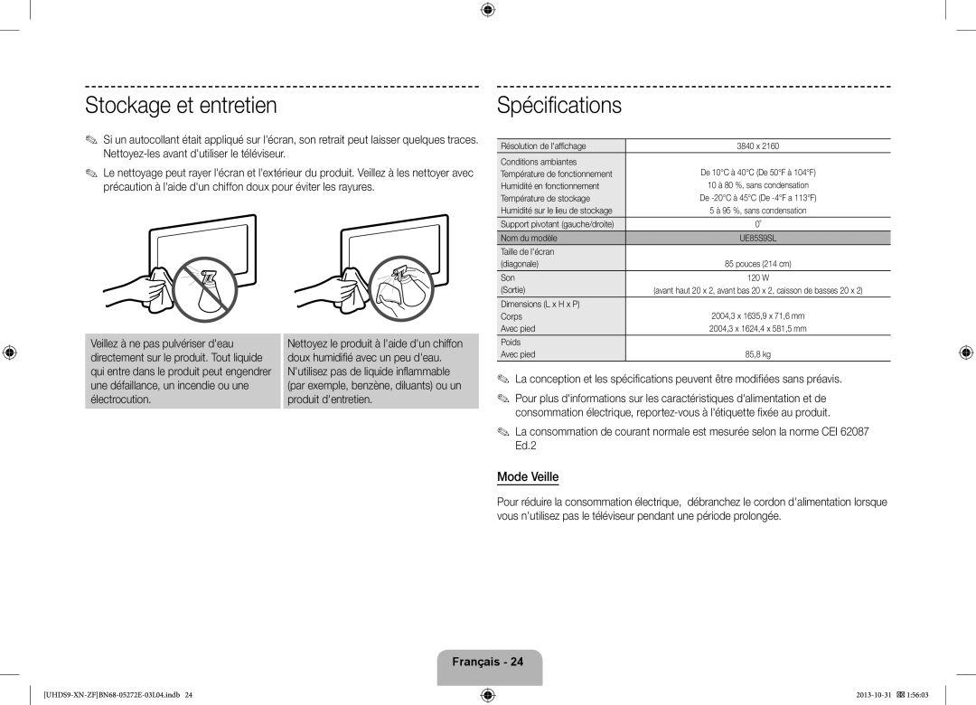 Samsung UE85S9SLXZF manual Stockage et entretien, Spécifications, Mode Veille 