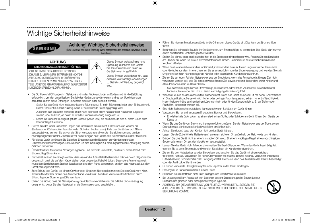 Samsung UE85S9SLXZF manual Achtung! Wichtige Sicherheitshinweise 