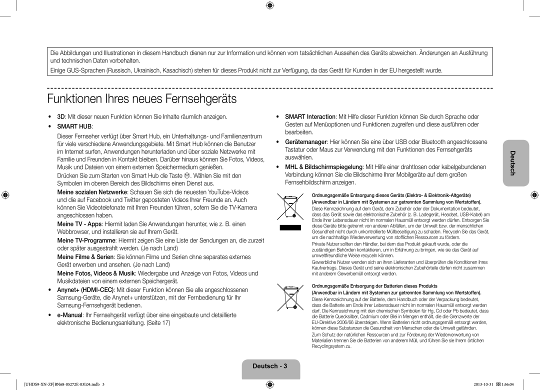 Samsung UE85S9SLXZF manual Funktionen Ihres neues Fernsehgeräts 