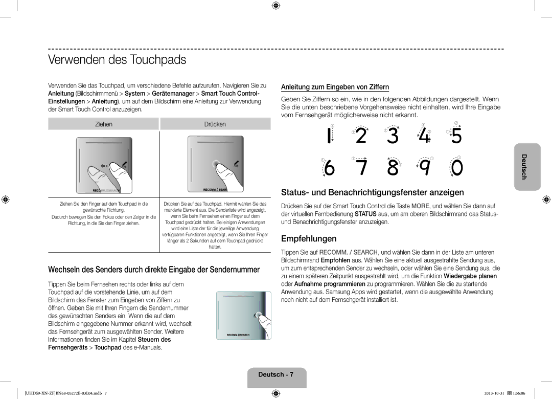 Samsung UE85S9SLXZF manual Verwenden des Touchpads, Status- und Benachrichtigungsfenster anzeigen, Empfehlungen, Ziehen 