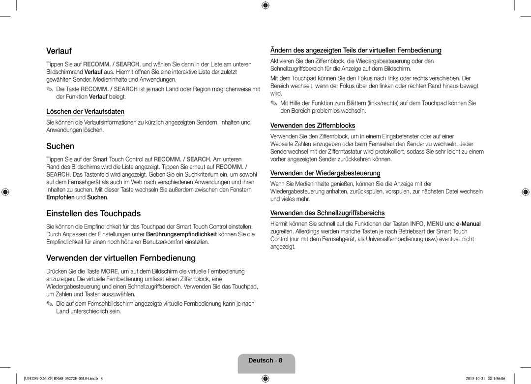 Samsung UE85S9SLXZF manual Verlauf, Suchen, Einstellen des Touchpads, Verwenden der virtuellen Fernbedienung 