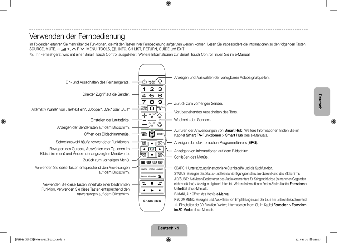 Samsung UE85S9SLXZF manual Verwenden der Fernbedienung, Einstellen der Lautstärke Wechseln des Senders, Auf dem Bildschirm 