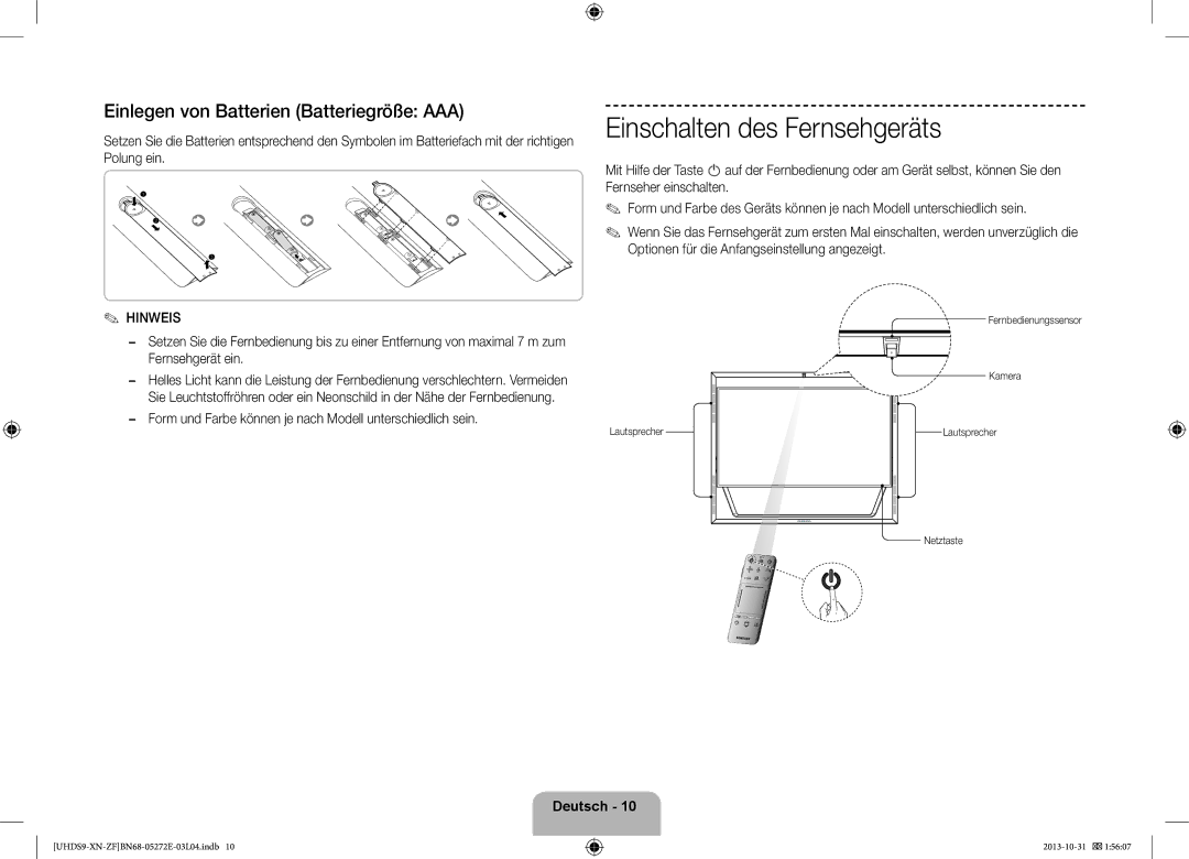 Samsung UE85S9SLXZF manual Einschalten des Fernsehgeräts, Einlegen von Batterien Batteriegröße AAA, Netztaste 