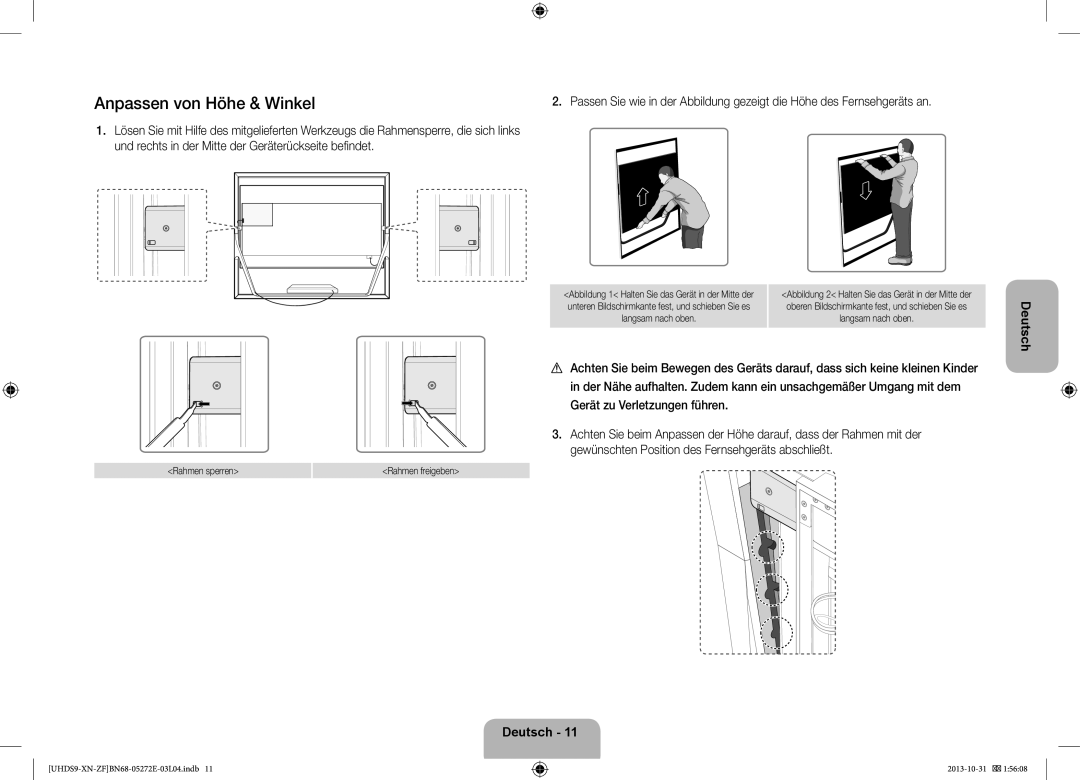 Samsung UE85S9SLXZF manual Anpassen von Höhe & Winkel, Und rechts in der Mitte der Geräterückseite befindet, Rahmen sperren 