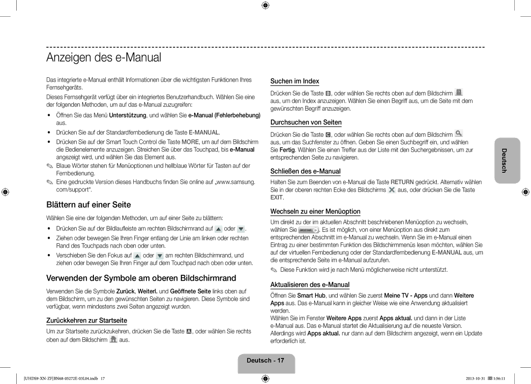 Samsung UE85S9SLXZF manual Anzeigen des e-Manual, Blättern auf einer Seite, Verwenden der Symbole am oberen Bildschirmrand 