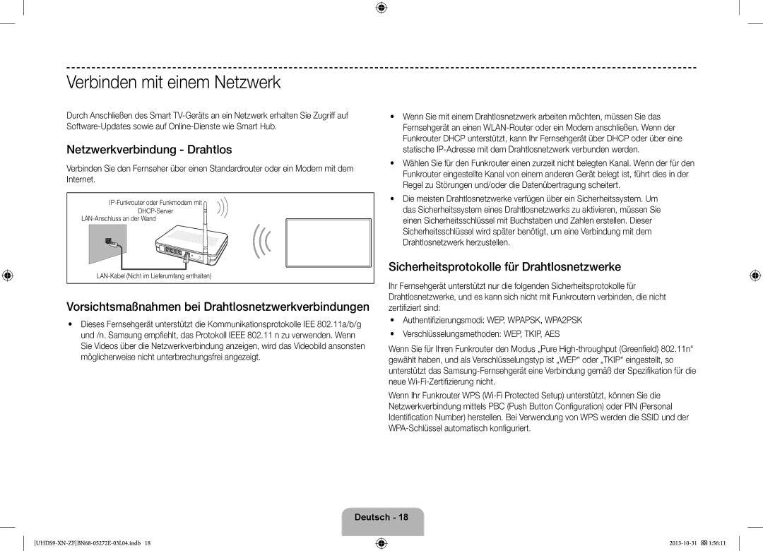 Samsung UE85S9SLXZF Verbinden mit einem Netzwerk, Netzwerkverbindung Drahtlos, Sicherheitsprotokolle für Drahtlosnetzwerke 