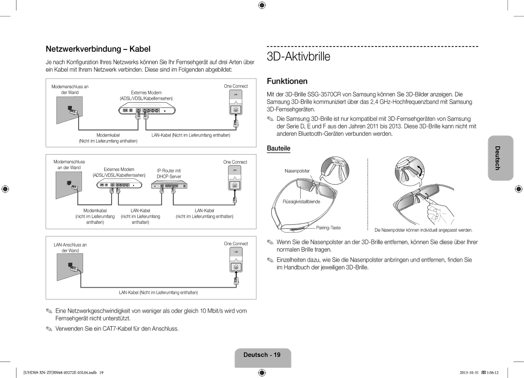 Samsung UE85S9SLXZF manual 3D-Aktivbrille, Netzwerkverbindung Kabel, Funktionen, Bauteile 