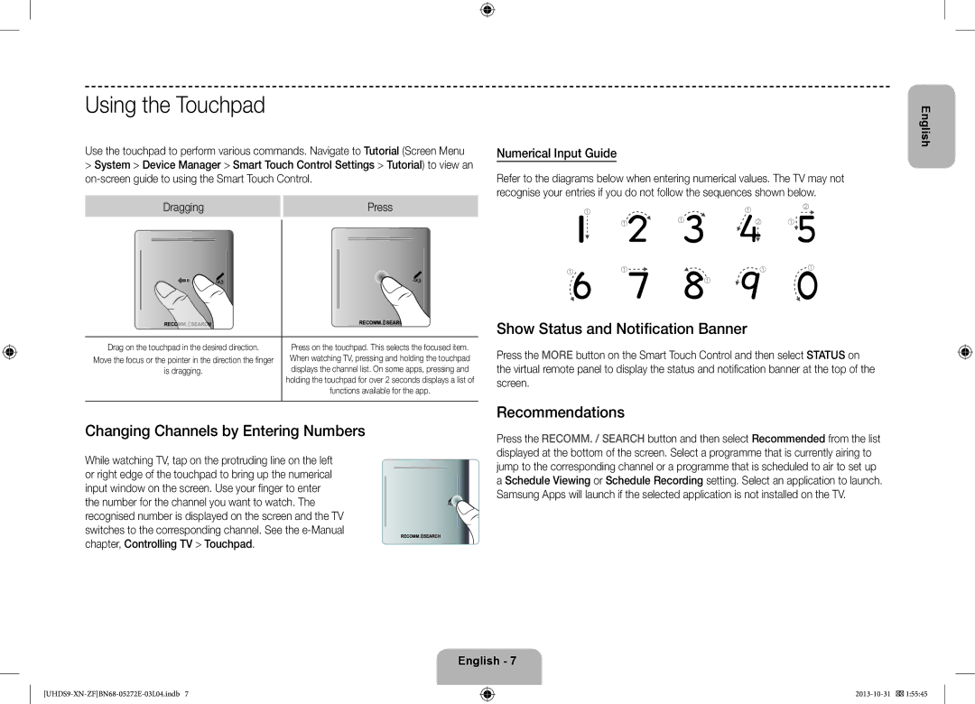 Samsung UE85S9SLXZF manual Using the Touchpad, Changing Channels by Entering Numbers, Show Status and Notification Banner 